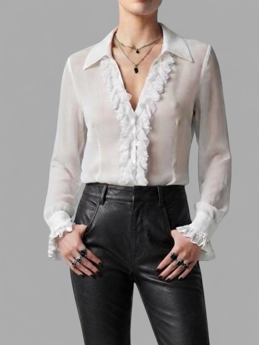 Bellisimo White Ruffle Petal Trim Long Sleeve Button Down Shirt Blouse Top LG